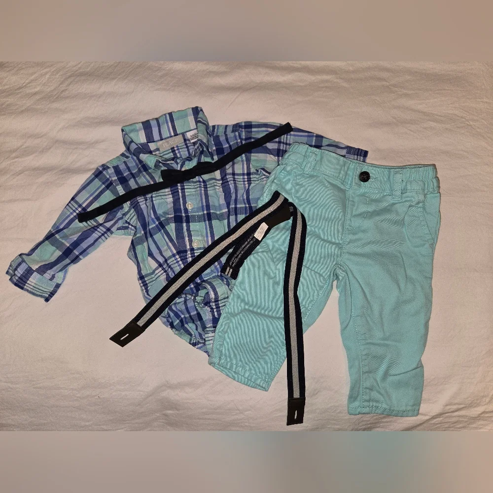 3-6month Boy Spring/ Easter, Blue and Green Plaid Set With Bowtie And Suspenders